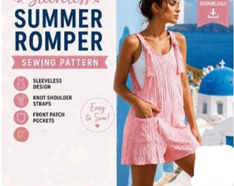 Tie Shoulder Summer Romper Sewing Pattern PDF, Sleeveless Playsuit Pattern, Women Beach Outfit, Instant Download