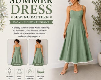 Summer Dress Sewing Pattern PDF, Spaghetti Strap Midi Dress Pattern, A Line Sundress, Instant Download