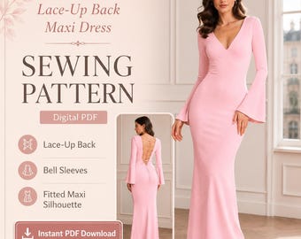 Pink Bell Sleeve Maxi Dress PDF Sewing Pattern, Deep V Mermaid Evening Gown, Formal Dress Pattern, Instant Download