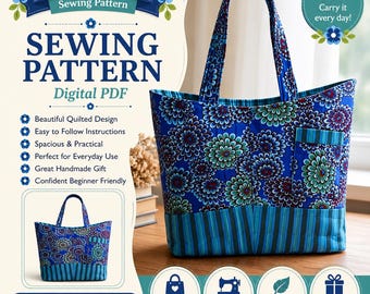 Quilted Tote Bag Sewing Pattern PDF, Structured Pocket Shoulder Tote, Lined Fabric Bag Tutorial, DIY Market Bag Pattern