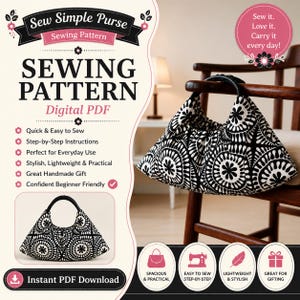 Patrón de costura sencillo para bolso en PDF, bolso de mano forrado para principiantes, tutorial para bolso con fruncido en la parte superior, patrón de bolso para hacer tú mismo