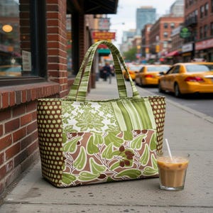 Puede incluir: Un bolso tote rectangular con un dise&ntilde;o de patchwork que combina lunares marrones y verdes, un patr&oacute;n floral damasco en blanco y verde, rayas verticales verdes y un estampado de hojas en marr&oacute;n y verde. El bolso tiene dos asas de tela.