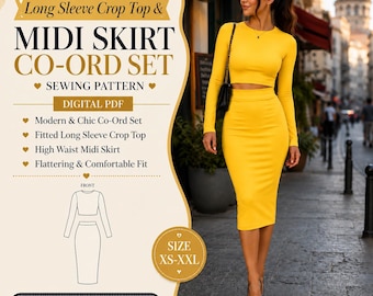 Long Sleeve Crop Top and Midi Skirt Sewing Pattern PDF, Two Piece Co Ord Set, Fitted Matching Outfit Pattern