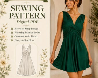 Sleeveless Wrap Dress Sewing Pattern PDF, V Neck Mini Dress Pattern, Summer Party Dress, Vacation Outfit, Instant Download
