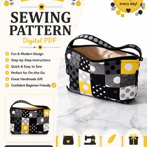 Pieced Polka Dot Pouch Sewing Pattern PDF, Patchwork Zipper Pouch Pattern, Cosmetic Bag Tutorial, DIY Fabric Pouch