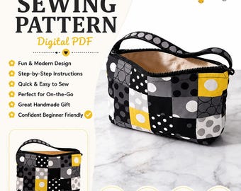 Pieced Polka Dot Pouch Sewing Pattern PDF, Patchwork Zipper Pouch Pattern, Cosmetic Bag Tutorial, DIY Fabric Pouch