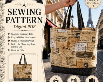 Canvas Tote Bag Sewing Pattern PDF, Large Lined Market Tote Pattern, Beach Shopping Bag Tutorial, DIY Reusable Fabric Tote
