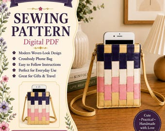 Linked Together Phone Bag Sewing Pattern PDF, Quilted Crossbody Cell Phone Purse, Patchwork Watch Band Tutorial