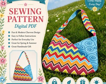 Bright Chevron Bag Sewing Pattern PDF, Colorful Shoulder Bag Pattern, Pocket Tote Purse Tutorial, DIY Fabric Handbag