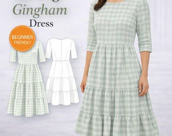 Sage Gingham Dress Sewing Pattern | Cottagecore Women's DIY (PDF Download)