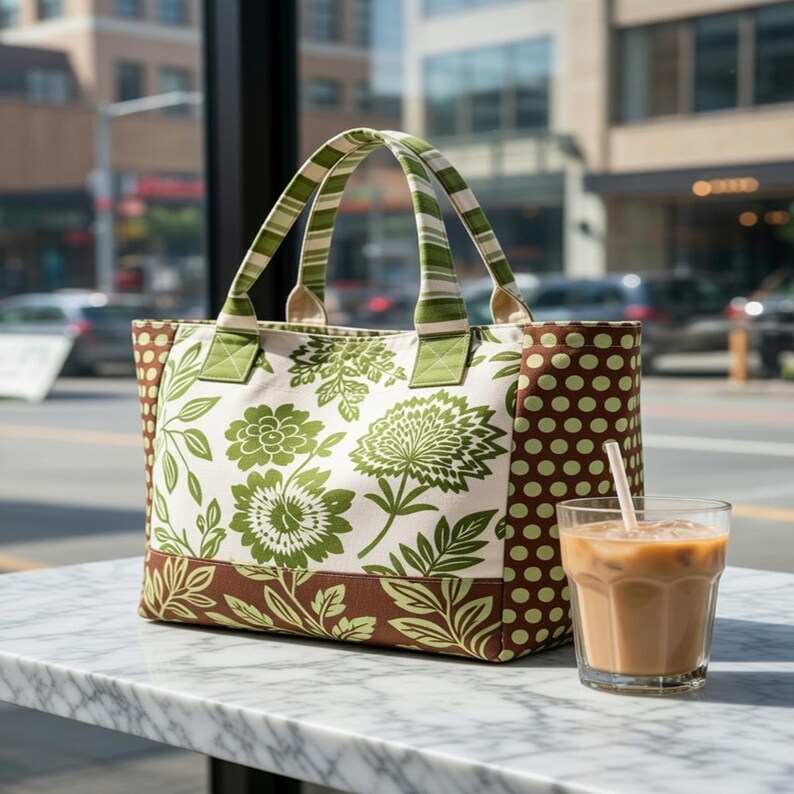 Puede incluir: Un bolso tote con un panel central blanco con estampado floral verde, paneles laterales marrones con lunares verdes y una base marr&oacute;n con patr&oacute;n de hojas verdes. El bolso tiene dos asas de tela a rayas verdes y blancas en la parte superior.
