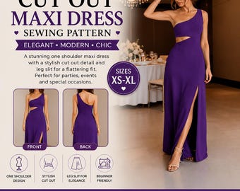 One Shoulder Maxi Dress Sewing Pattern PDF, Cut Out Side Slit Dress Pattern, Asymmetrical Evening Gown