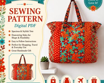 Cinch It Tote Bag Sewing Pattern PDF, Quilted Drawstring Market Tote, Grommet Bag Tutorial, DIY Fabric Shopping Bag