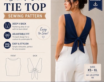Back Tie Top Sewing Pattern PDF, Open Back V Blouse Pattern, Sleeveless Summer Top Pattern, Tie Back Crop Top