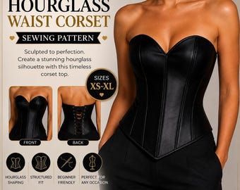 Haut corset noir patron de couture PDF, bustier chérie sans bretelles, modèle de corset sablier en satin, téléchargement immédiat