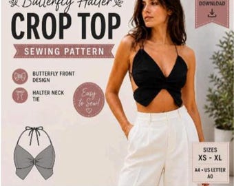 Halter Crop Top Sewing Pattern PDF, Butterfly Tie Back Summer Top Pattern, DIY Women Party Top Instant Download