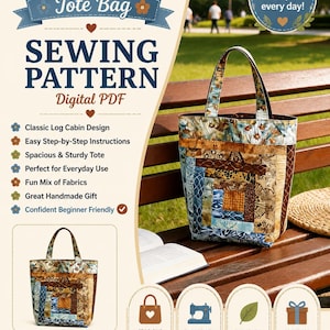 May include: A digital PDF sewing pattern for a Log Cabin tote bag. The promotional graphic features text including Log Cabin Tote Bag, Sewing Pattern, and Digital PDF, alongside an image of a patchwork tote bag with blue and brown fabric strips.