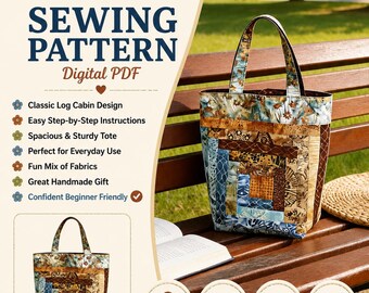Log Cabin Tote Bag Sewing Pattern PDF, Patchwork Quilted Tote Pattern, Batik Scrap Fabric Market Bag, DIY Tutorial