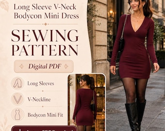 Long Sleeve V Neck Bodycon Mini Dress Sewing Pattern PDF, Fitted Deep V Cocktail Dress Pattern, Party Mini Dress