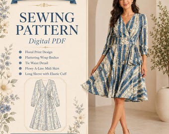 Floral Midi Dress Sewing Pattern PDF, Wrap Waist V Neck Dress Pattern, Long Sleeve Women’s Printable Dress Pattern