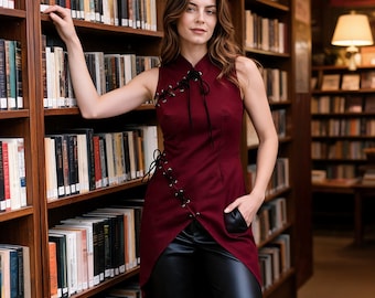 Sleeveless Lace-Up Tunic Top Sewing Pattern PDF, Gothic Asymmetrical Tunic, Mandarin Collar Blouse Pattern