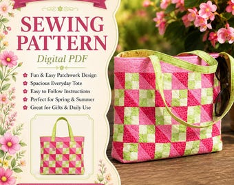 Lazy Days Tote Bag Sewing Pattern PDF, Mini Quilted Patchwork Tote, Four Patch Handbag Tutorial, DIY Fabric Bag Pattern