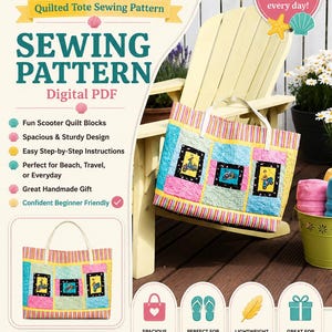 Op de afbeelding: Een digitaal PDF-naaipatroon genaamd Shore Thing voor een gewatteerde tas. Het patroon bevat instructies voor een tas met quiltblokken met scootermotieven, gestreepte randen en witte hengsels. De hoes toont de tas en iconen.