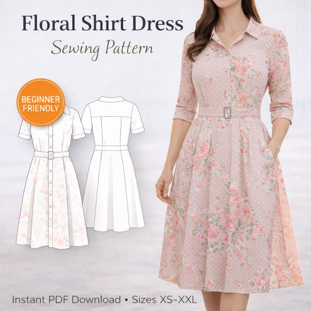 Floral Shirt Dress Sewing Pattern | Women's Button Down Summer Dress ...