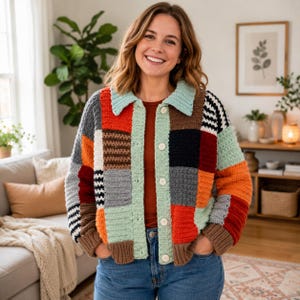 Patchwork Crochet Cardigan Pattern, Color Block Sweater PDF, Oversized Women’s Jacket, Sizes XS–5XL, Instant Digital Download