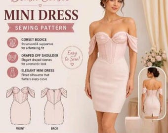 Blush Corset Mini Dress Sewing Pattern, Off Shoulder Sweetheart Bodycon (PDF Download)