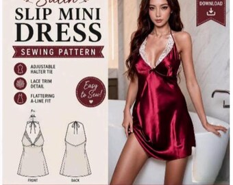 Satin Slip Mini Dress Sewing Pattern PDF, Lace Trim Chemise Pattern, Backless Nightgown, Halter Sleepwear Pattern