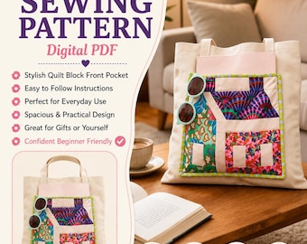 Quilt Block Tote Sewing Pattern PDF, House Quilt Pocket Bag, Foundation Paper Piecing Tote, Patchwork Tote Tutorial