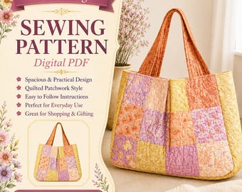 Market Bag Sewing Pattern PDF, Quilted Patchwork Tote Pattern, Reusable Grocery Bag, Pleated Fabric Shopping Tote, Instant Download