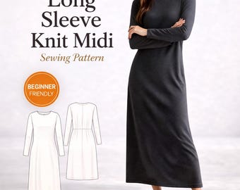 Long Sleeve Knit Midi Dress Sewing Pattern | Midi Dress Pattern | Knit Dress PDF | Women Dress Pattern | DIY Dress