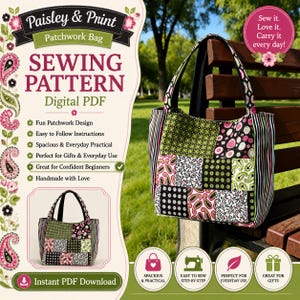 Patrón de costura en PDF para bolso patchwork con estampado paisley, patrón de bolso tote acolchado espacioso, tutorial para bolso de hombro, bolso de tela DIY.