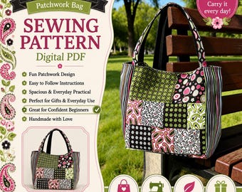 Paisley Patchwork Bag Sewing Pattern PDF, Roomy Quilted Tote Pattern, Shoulder Purse Tutorial, DIY Fabric Bag