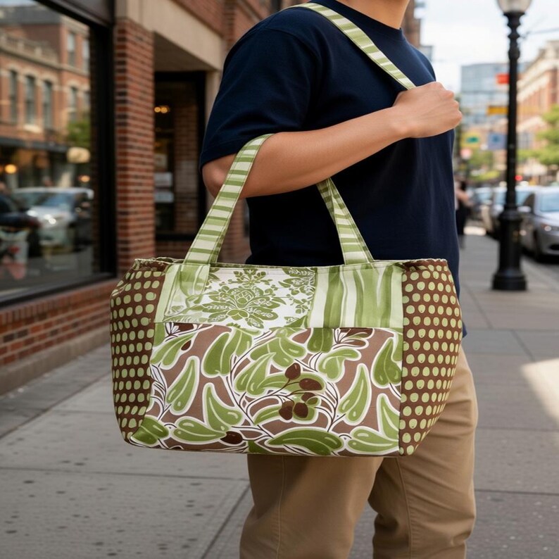 Puede incluir: Un bolso tote con dise&ntilde;o de patchwork en patrones verdes y marrones. El bolso incluye paneles laterales con estampado de lunares marrones y verdes, una secci&oacute;n central con motivo de hojas verdes y un panel superior con patr&oacute;n de damasco blanco y verde.