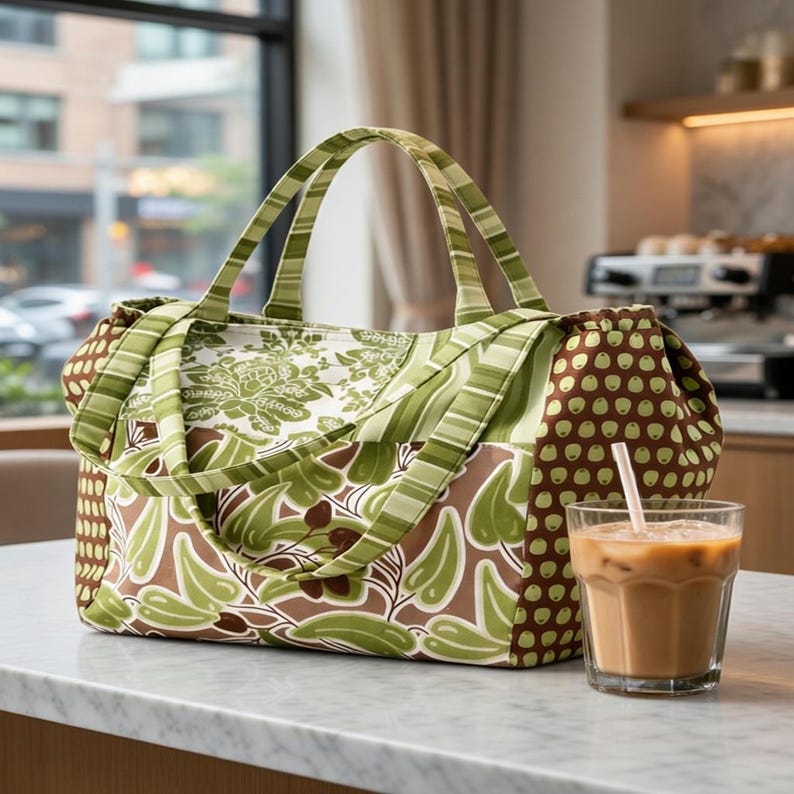 Puede incluir: Un bolso de tela con una mezcla de patrones que incluyen motivos florales verdes y blancos, asas a rayas y paneles laterales marrones con un estampado de puntos verdes. El bolso tiene dos asas superiores y una base rectangular estructurada.