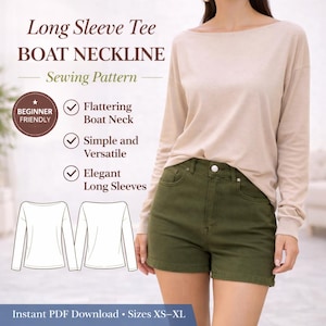 Patrón de costura para camiseta de manga larga / Patrón para top con cuello barco / Camiseta básica para mujer / Top de punto informal DIY / Descarga instantánea en PDF