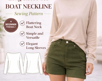Long Sleeve Tee Sewing Pattern | Boat Neck Top Pattern | Women Basic T Shirt | Casual Knit Top DIY | Instant PDF Download