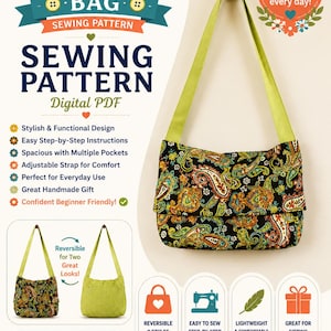 Patrón de costura en PDF para bolso bandolera, patrón para bolso cruzado, tutorial para bolso con bolsillo con cremallera, bolso de viaje DIY