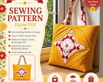 Sunny Beach Tote Bag Sewing Pattern PDF, Folded Fabric Window Tote, Large Lined Beach Bag Tutorial, DIY Market Tote