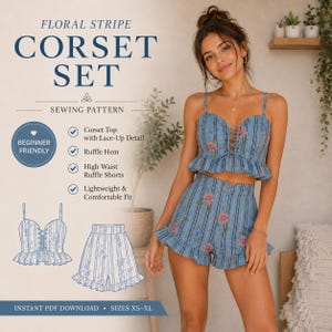 May include: A blue floral stripe corset set, including a corset top with lace-up detail and ruffle hem, and high-waist ruffle shorts. The set is lightweight and comfortable. The text on the image says "Floral Stripe Corset Set" and "Beginner Friendly".