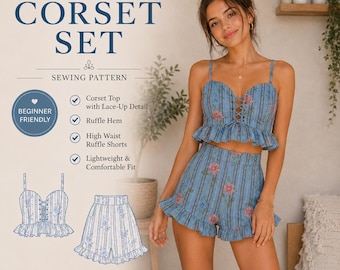 Ensemble corset fleuri patron de couture PDF, patron d'ensemble short à volants, tenue d'été Cottagecore TP-XL