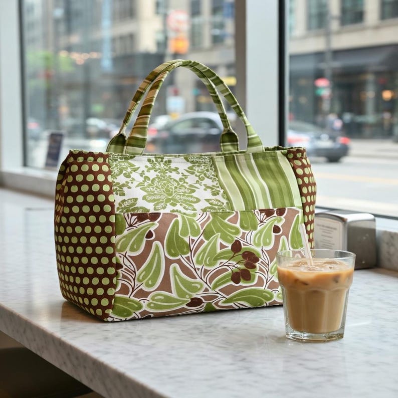 Puede incluir: Un bolso de tela con dise&ntilde;o de patchwork, que presenta lunares marrones y verde claro en los laterales, un patr&oacute;n de damasco blanco y verde en el centro, paneles de rayas verdes y una secci&oacute;n inferior con estampado de hojas y bayas marrones y verdes.