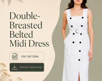 Double Breasted Midi Dress Sewing Pattern PDF, Belted Shirt Dress Pattern, Sleeveless Button Front Dress Tutorial