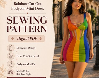 Cut-Out Bodycon Mini Dress Sewing Pattern PDF, Rainbow Club Dress Pattern, Strappy Bodycon Dress, Party Mini Dress PDF