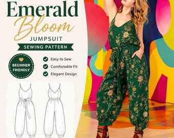Emerald Bloom Jumpsuit Sewing Pattern PDF, Boho Wide Leg Romper Pattern, Backless Jumpsuit, Digital Download