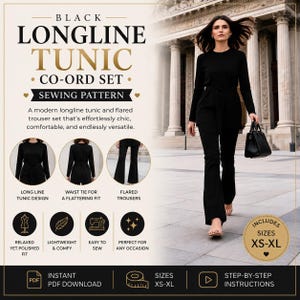 Puede incluir: Un patrón de costura para un conjunto de túnica larga y pantalón negro. La descarga digital en PDF incluye tallas XS-XL, instrucciones paso a paso, una túnica de manga larga con lazo en la cintura y pantalones acampanados.