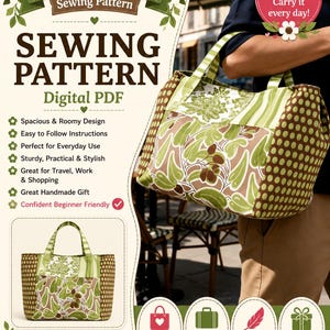 May include: A digital PDF sewing pattern for a large patchwork bag. The bag features a green and brown floral print center panel, striped side panels, and brown polka-dot end panels with two fabric handles. Text includes Large Patchwork Bag.